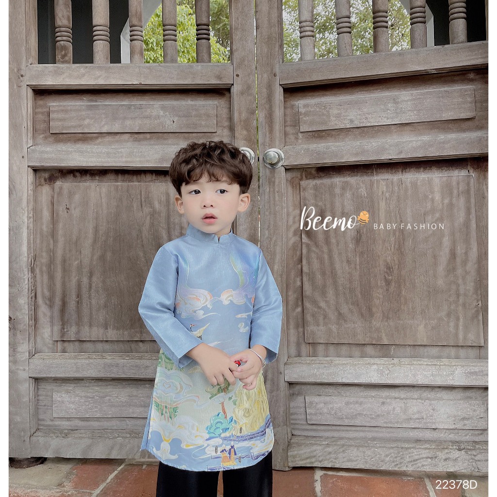 Set bộ áo dài Beemo cho bé trai, in bạch hạc vân sơn, vải tafta nhũ không nhăn, mặc sự kiện, chụp hình 22378D