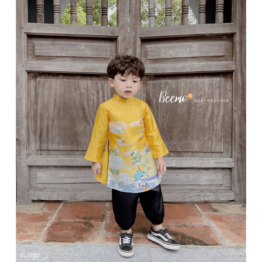 Set bộ áo dài Beemo cho bé trai, in bạch hạc vân sơn, vải tafta nhũ không nhăn, mặc sự kiện, chụp hình 22378D