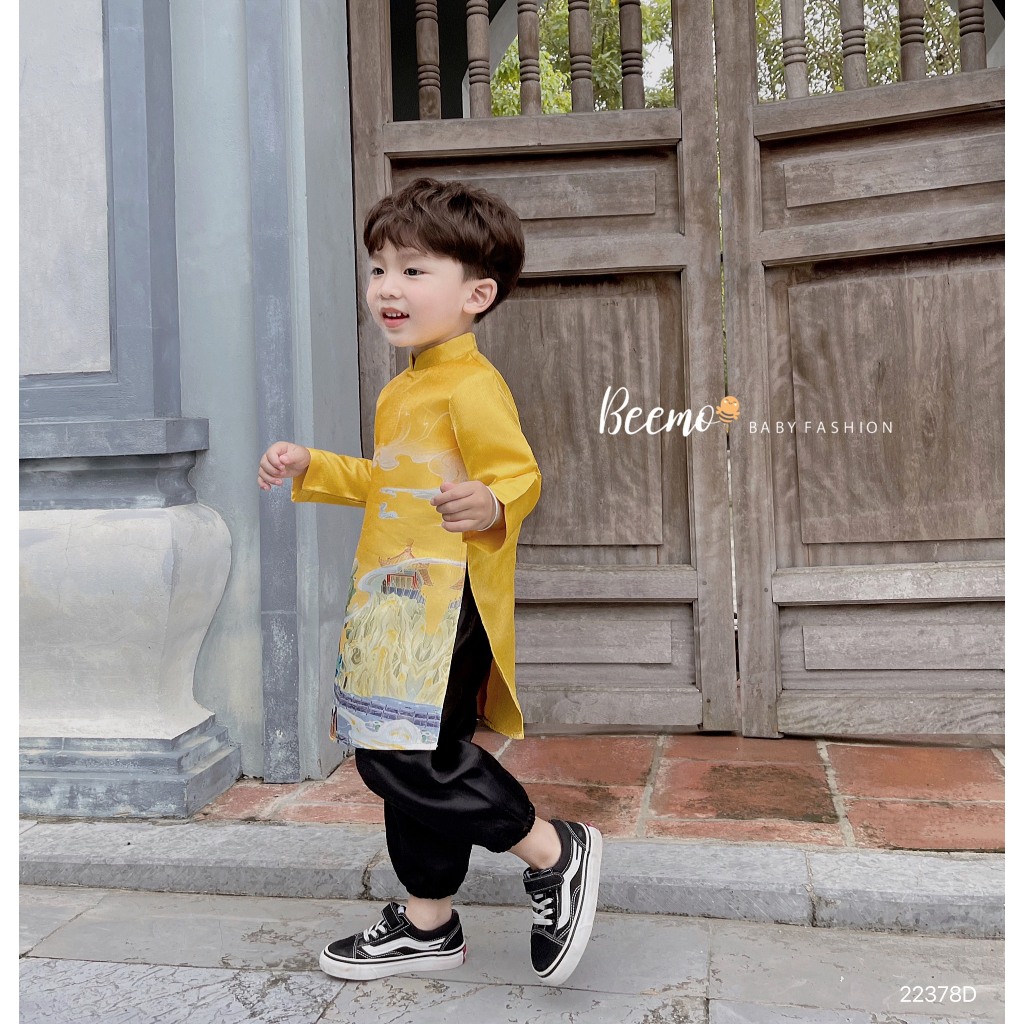 Set bộ áo dài Beemo cho bé trai, in bạch hạc vân sơn, vải tafta nhũ không nhăn, mặc sự kiện, chụp hình 22378D