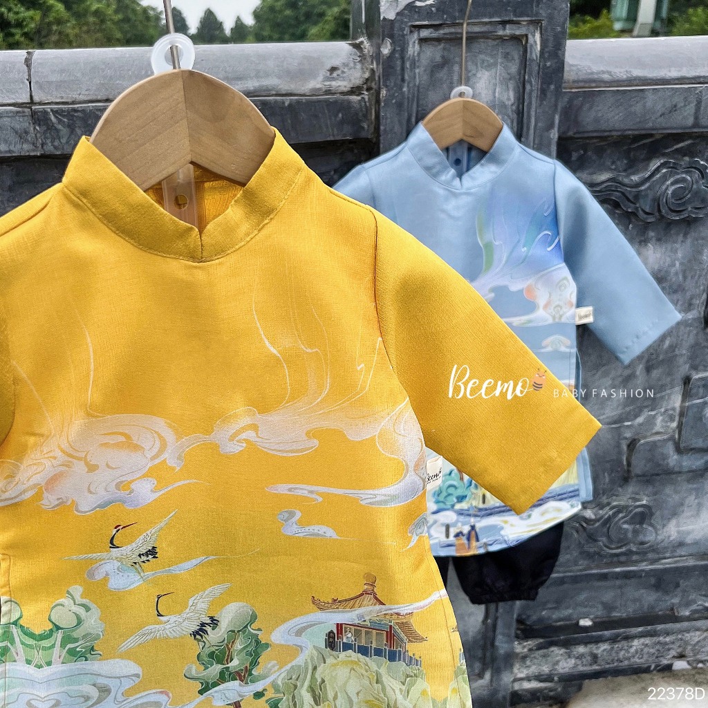 Set bộ áo dài Beemo cho bé trai, in bạch hạc vân sơn, vải tafta nhũ không nhăn, mặc sự kiện, chụp hình 22378D