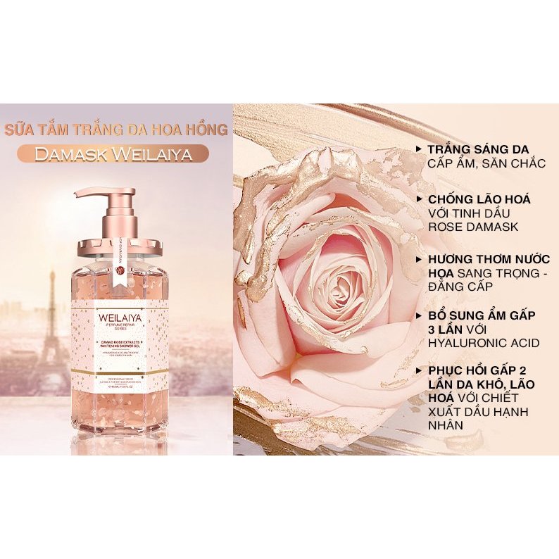 Sữa tắm trắng da cánh hoa hồng Damask Weilaiya Grand Rose Extracts Whitening Shower Gel 450ml
