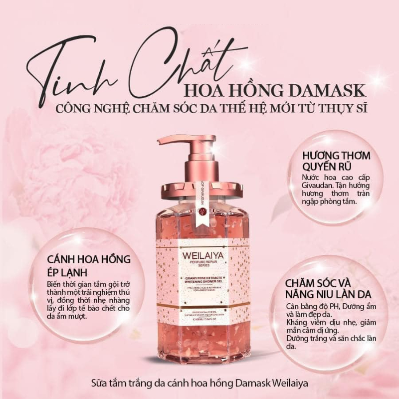 Sữa tắm trắng da cánh hoa hồng Damask Weilaiya Grand Rose Extracts Whitening Shower Gel 450ml