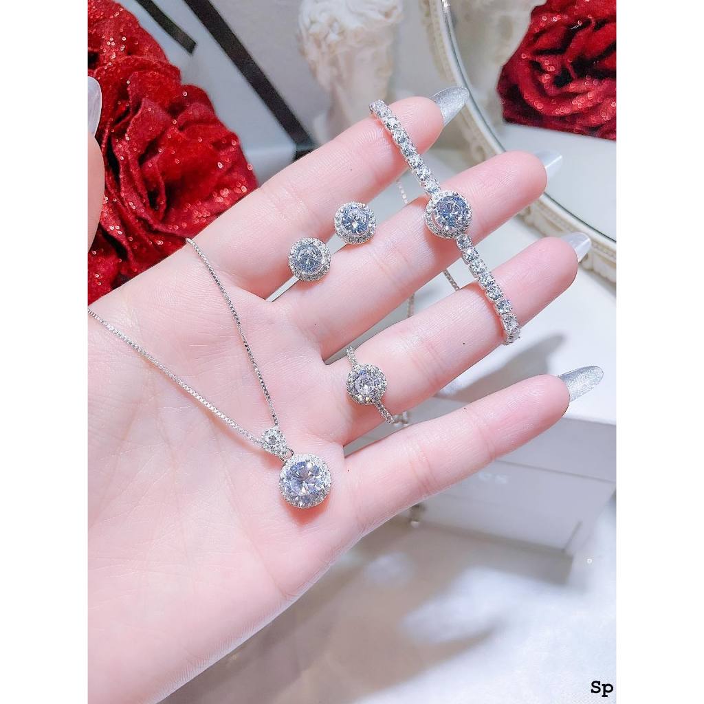 Bộ trang sức bạc mặt đá tròn