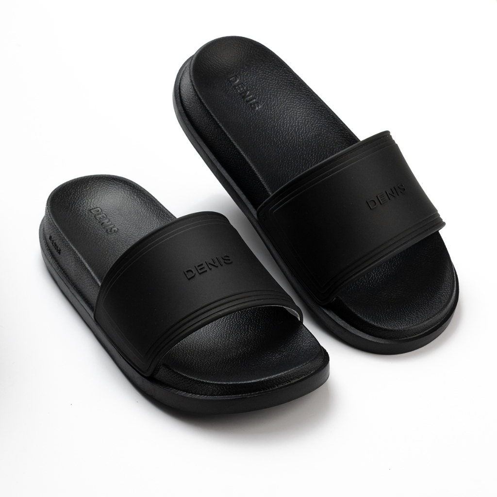 Dép quai ngang Denis Unisex Slipper DT03 đế PU quai PVC màu full đen Ngoài trời