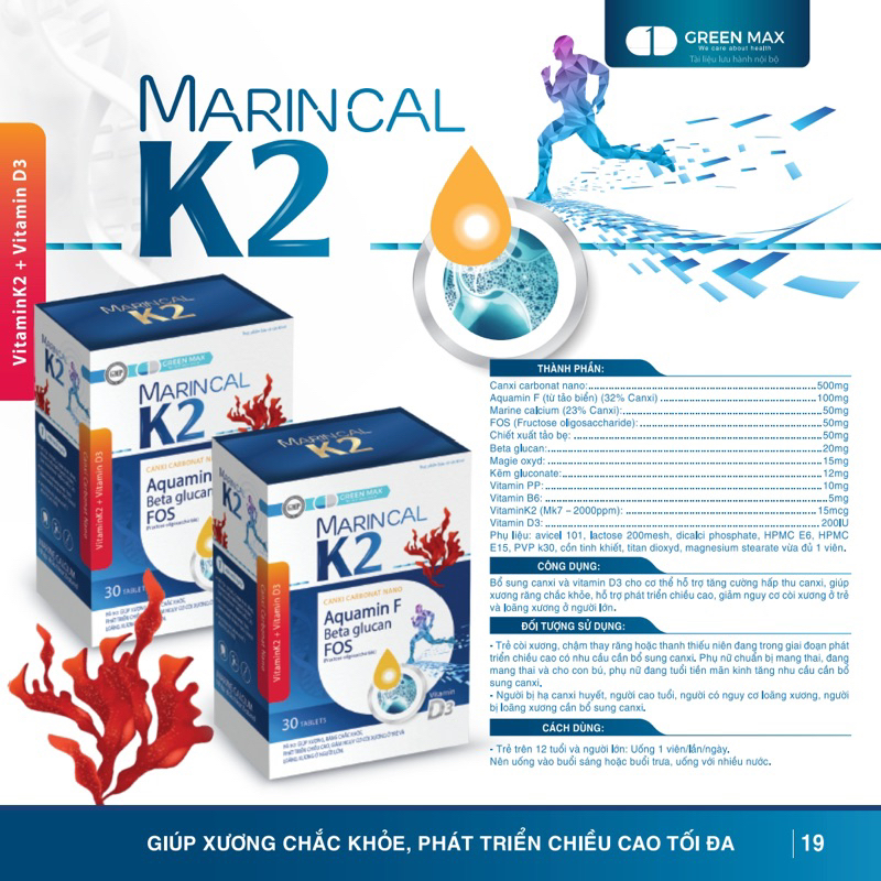 Marin Calci K2 bổ sung Canxi Nano, Canxi Tảo Biển và D3 giúp xương - răng chắc khỏe