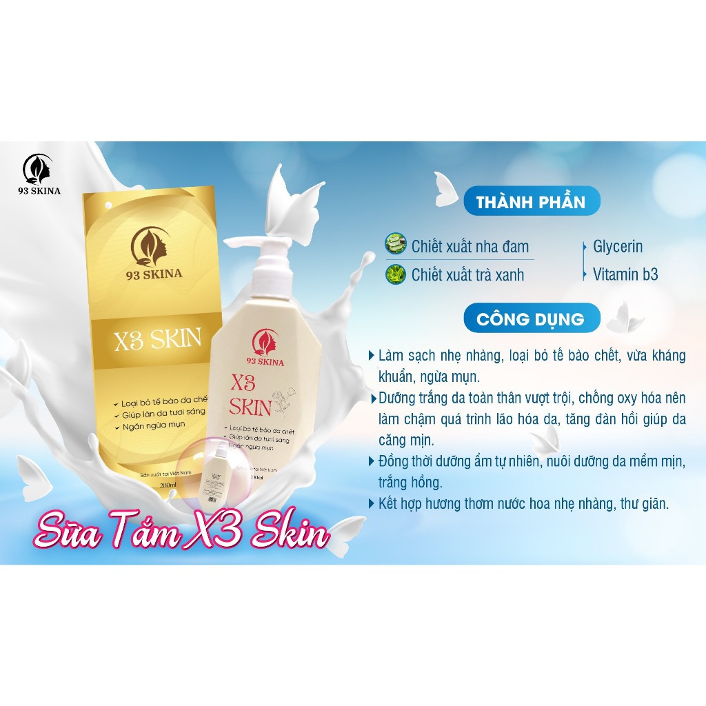 Sữa tắm trắng da hương nước hoa X3 SKIN dưỡng da dữ ẩm mềm mịn 93skina