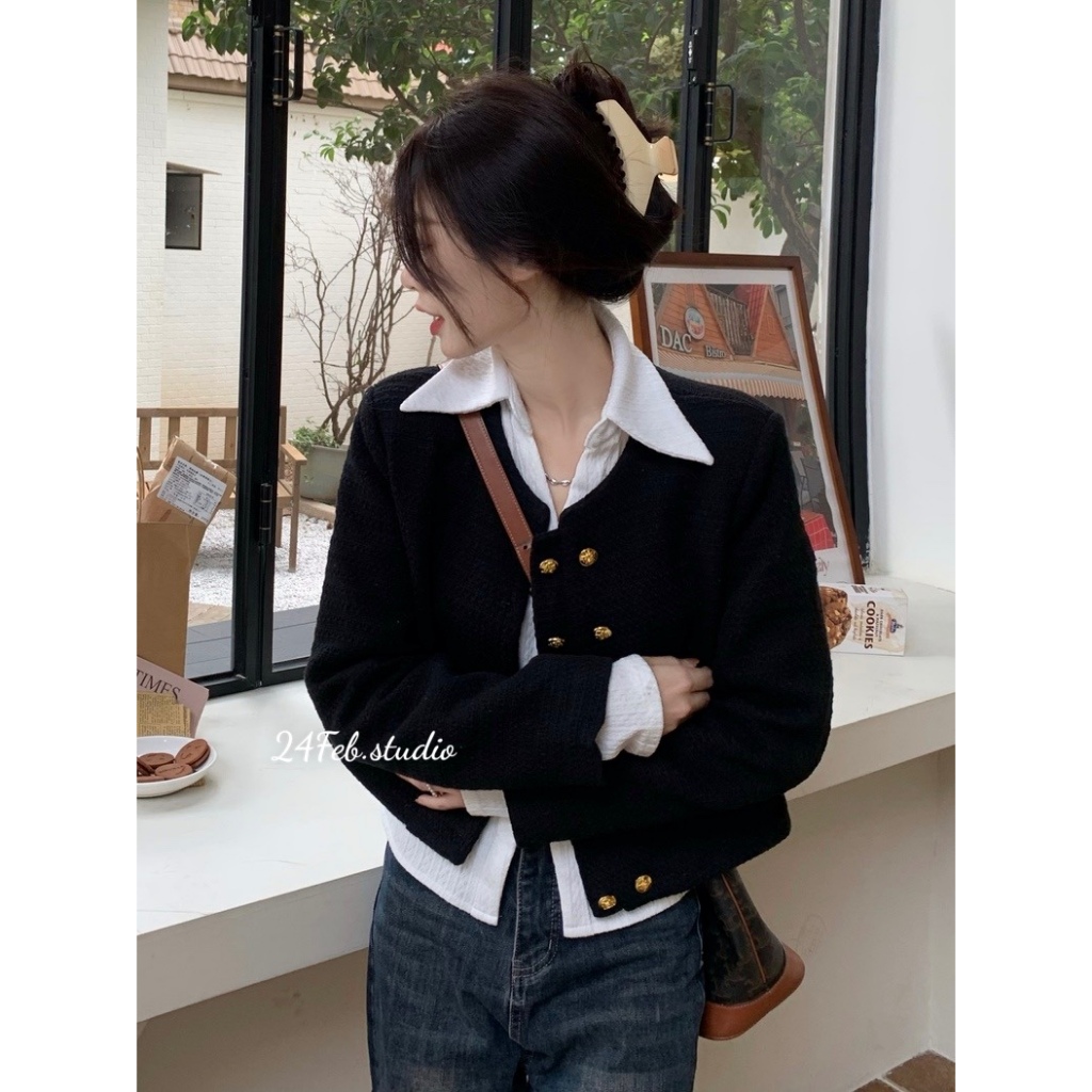 [KAH19] [SẴN HÀNG] Áo khoác dạ tweed đen cúc đồng phối dọc phong cách ulzzang Hàn Quốc
