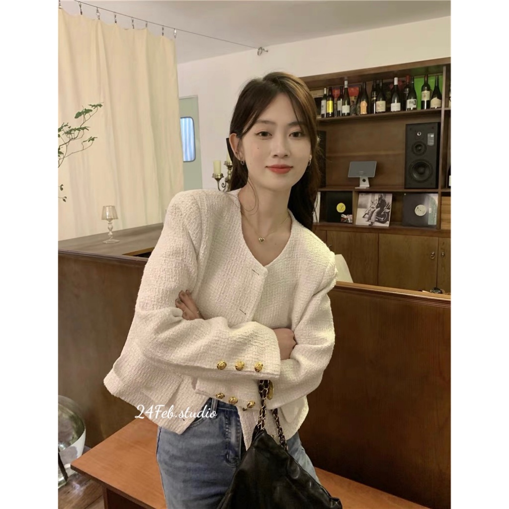 [KAH19] [SẴN HÀNG] Áo khoác dạ tweed trắng cúc đồng phối dọc phong cách ulzzang Hàn Quốc
