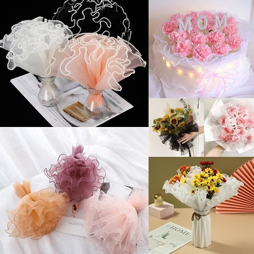 Giấy gói hoa, cuộn voan sóng viền trơn, viền ngọc trang trí loại đẹp