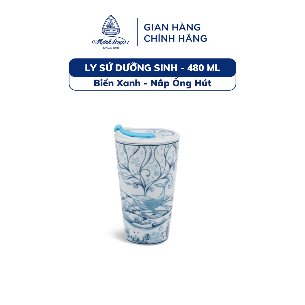 Ly Sứ Dưỡng Sinh Cao Cấp Minh Long 0.48 L (K1) + Nắp ống hút - Biển Xanh