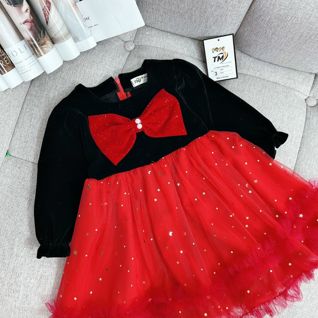 Đầm Nhung Công Chúa Tay Bồng Cho Bé Gái WOWKIDS Phối Nơ Ngọc Chân Váy Voan 2 Lớp Bồng Bềnh