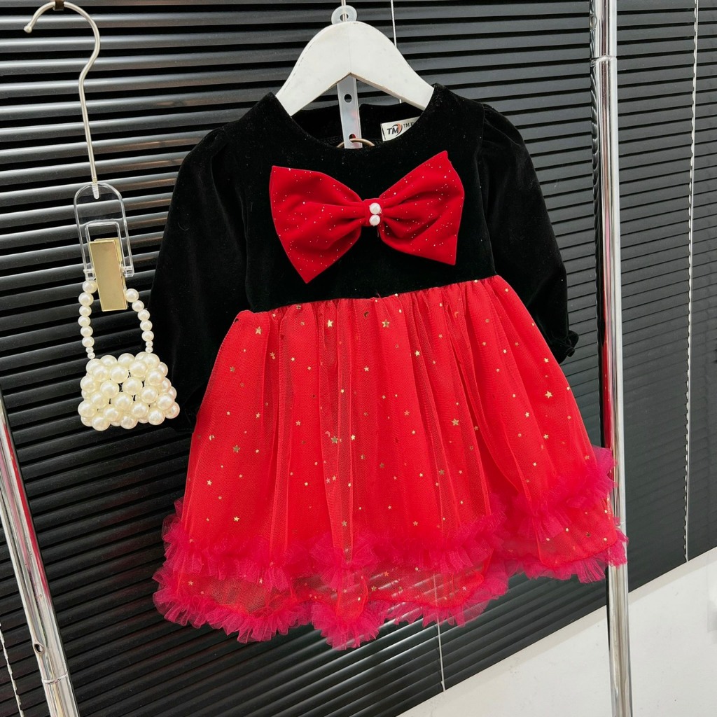 Đầm Nhung Công Chúa Tay Bồng Cho Bé Gái WOWKIDS Phối Nơ Ngọc Chân Váy Voan 2 Lớp Bồng Bềnh