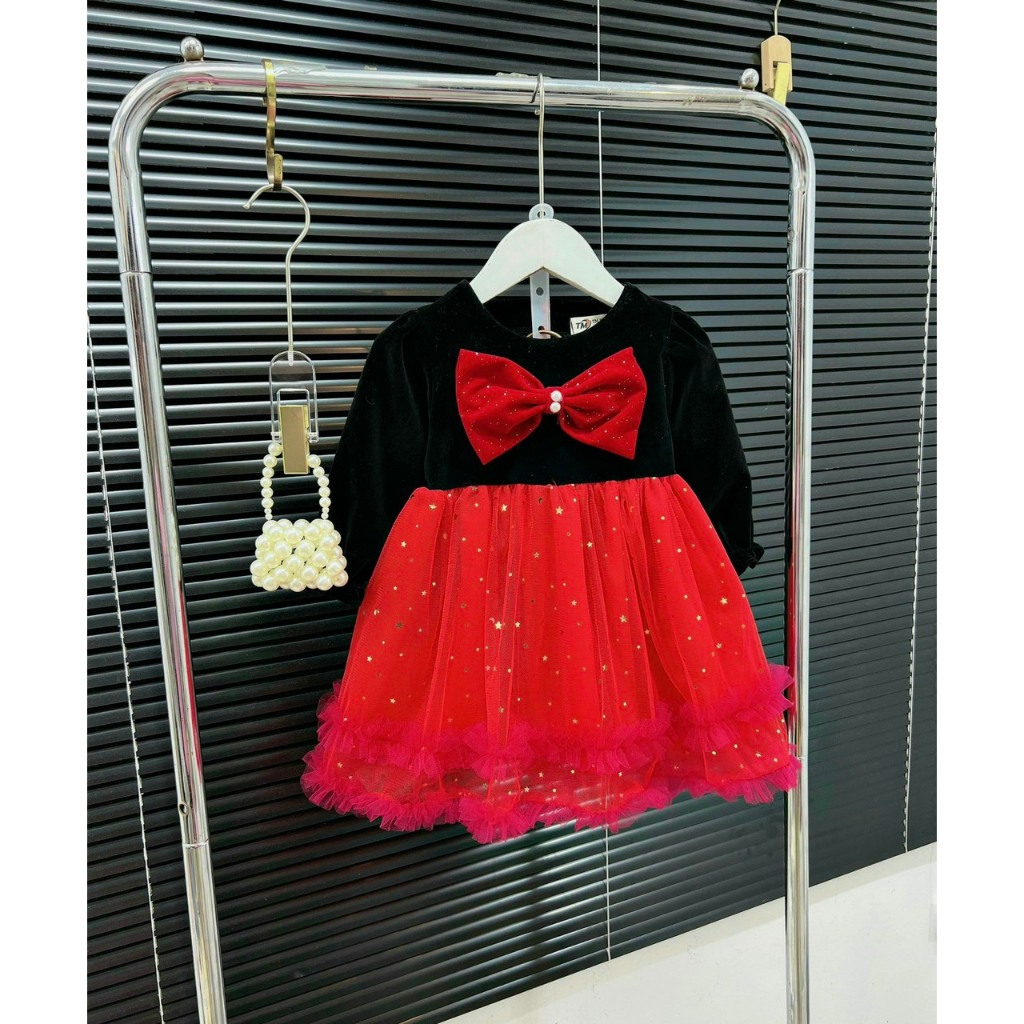 Đầm Nhung Công Chúa Tay Bồng Cho Bé Gái WOWKIDS Phối Nơ Ngọc Chân Váy Voan 2 Lớp Bồng Bềnh