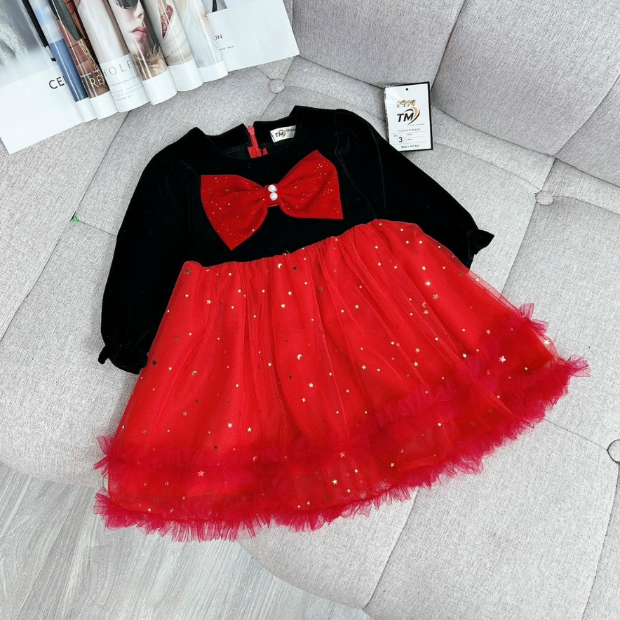 Đầm Nhung Công Chúa Tay Bồng Cho Bé Gái WOWKIDS Phối Nơ Ngọc Chân Váy Voan 2 Lớp Bồng Bềnh