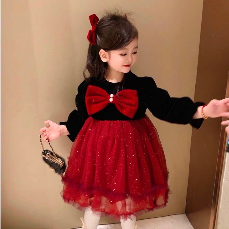 Đầm Nhung Công Chúa Tay Bồng Cho Bé Gái WOWKIDS Phối Nơ Ngọc Chân Váy Voan 2 Lớp Bồng Bềnh