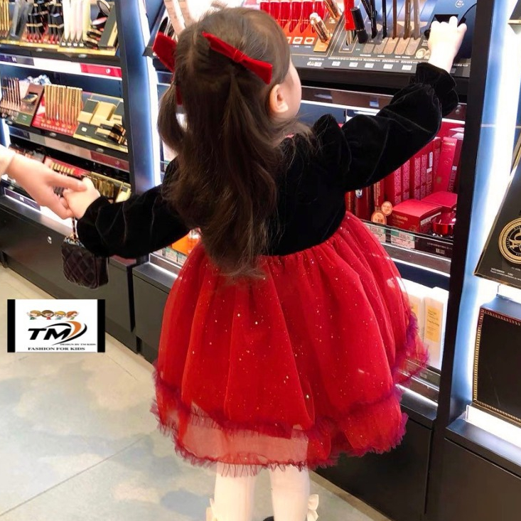 Đầm Nhung Công Chúa Tay Bồng Cho Bé Gái WOWKIDS Phối Nơ Ngọc Chân Váy Voan 2 Lớp Bồng Bềnh