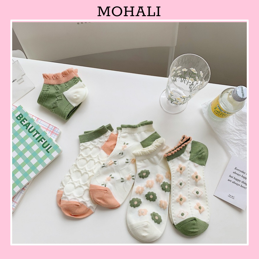 Tất cổ ngắn nữ vớ hoa xanh lá cố thấp thời trang hàn quốc đẹp giá rẻ cotton kháng khuẩn MRSOCKS VN036