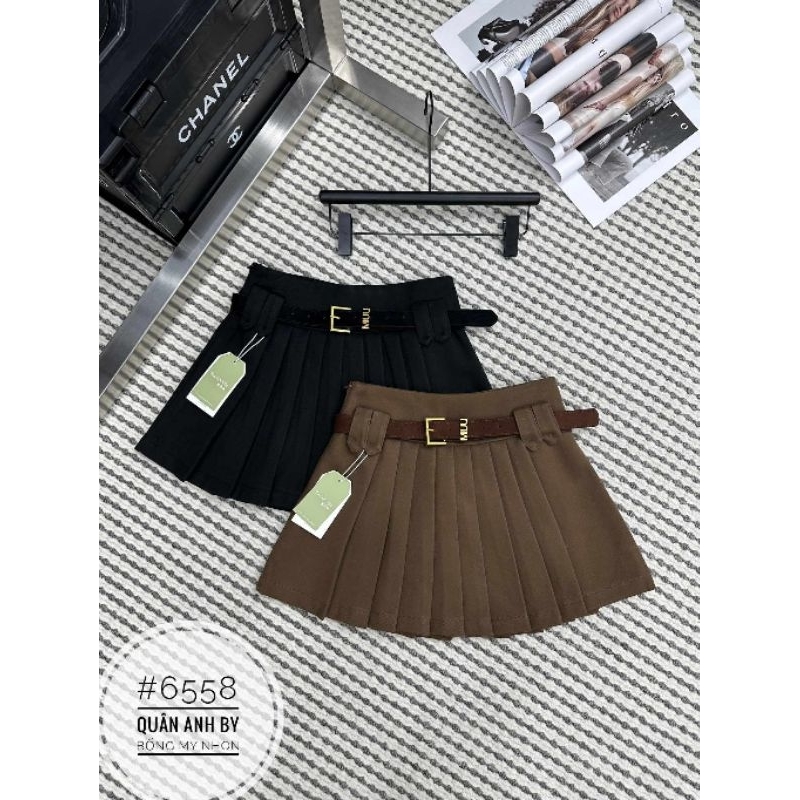 Chân váy xếp ly dạ kèm đai hàng QC