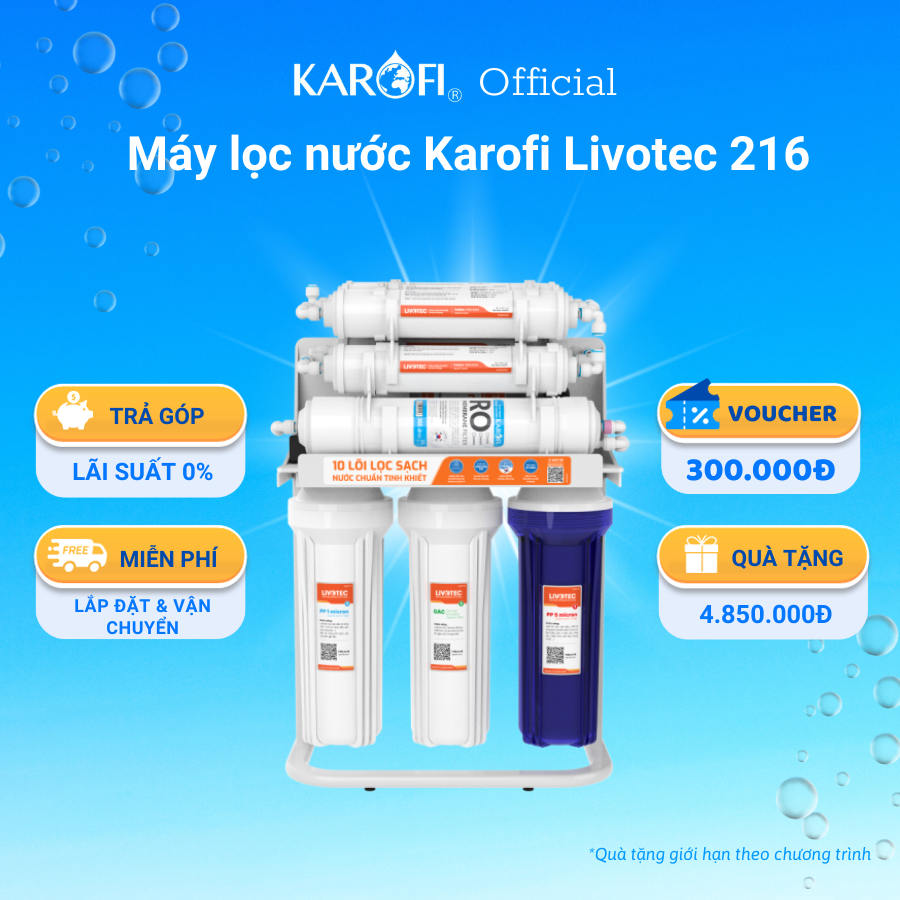 Máy lọc nước RO để gầm 10 lõi Karofi Livotec 216 - Giao lắp miễn phí