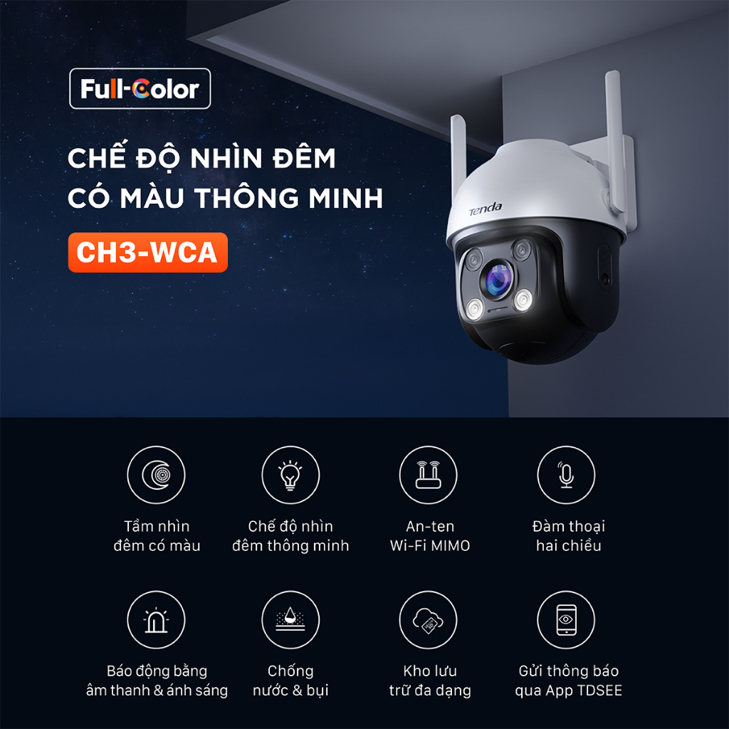Combo Camera Wifi Quay/ Quét Ngoài Trời và Trong Nhà Tenda CH3, CP3, có màu ban đêm
