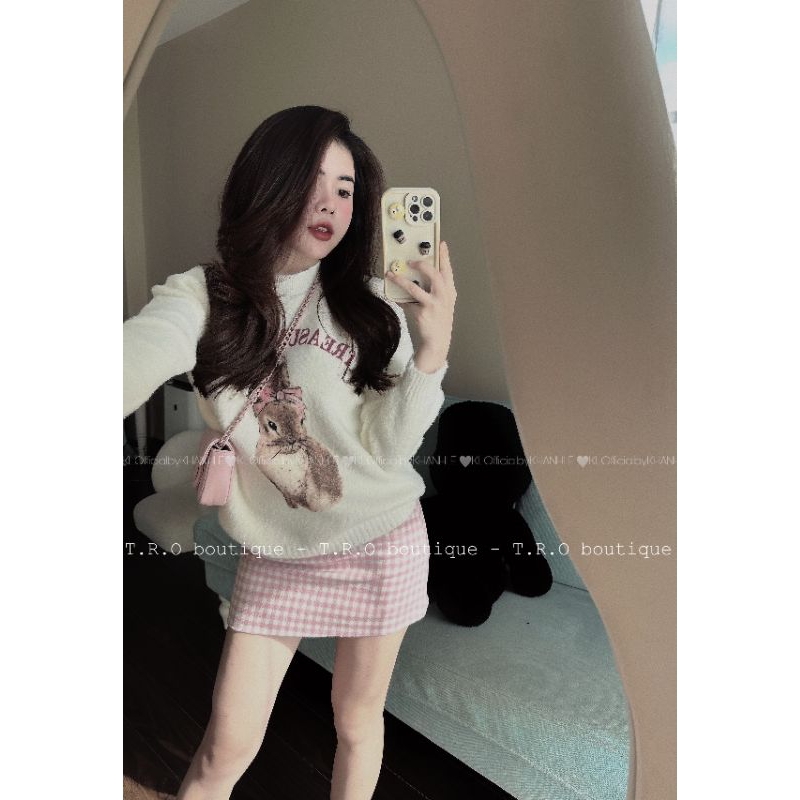 Sét áo len lông thỏ và chân váy dạ hồng cute