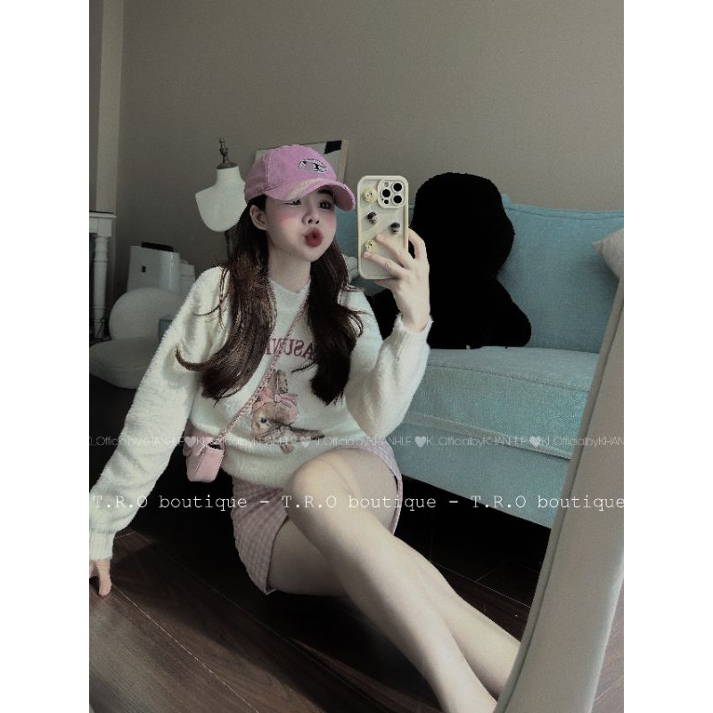 Sét áo len lông thỏ và chân váy dạ hồng cute