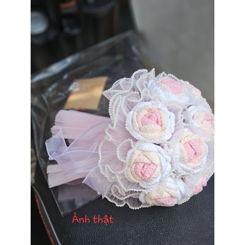 Bó hoa hồng xoắn len gói voan li _ handmade