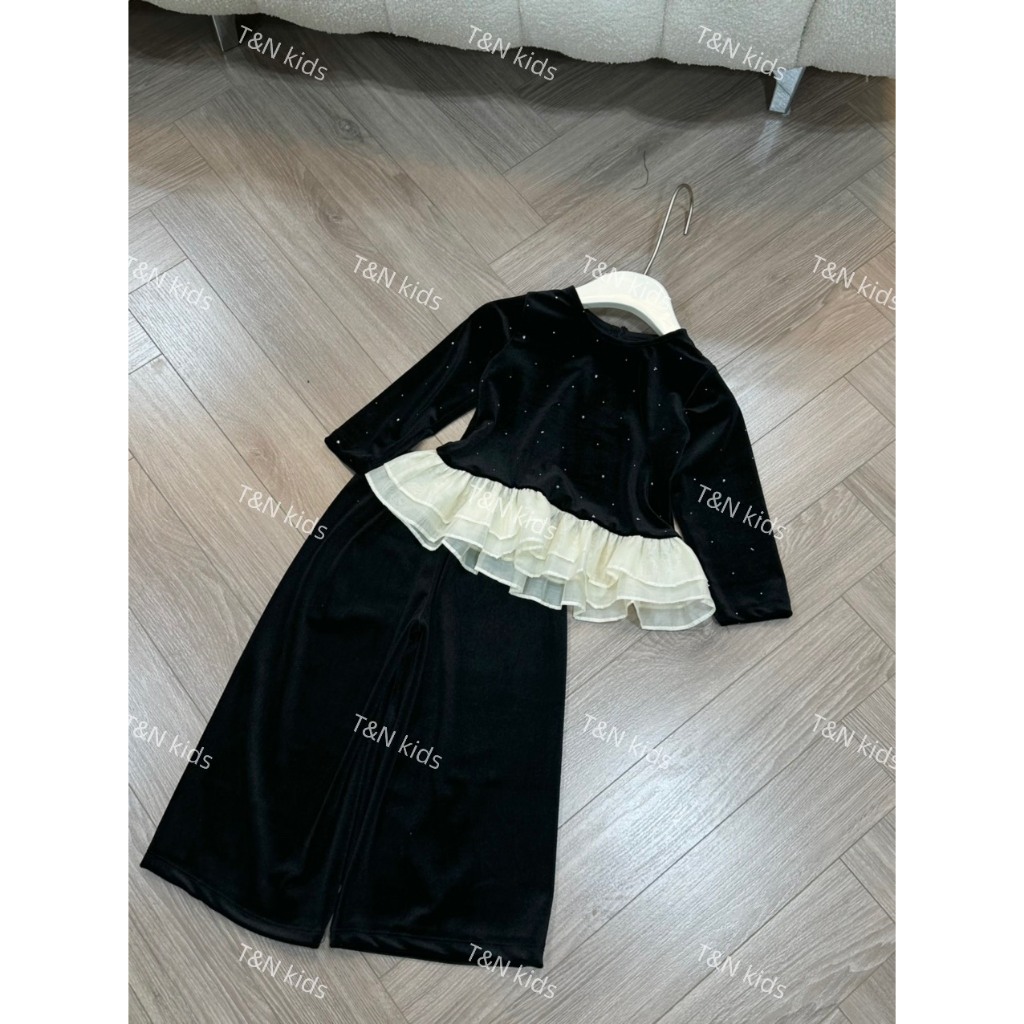 Set nhung mềm đá nhũ bèo tơ mix cùng quần suông cho bé gái 10-30kg