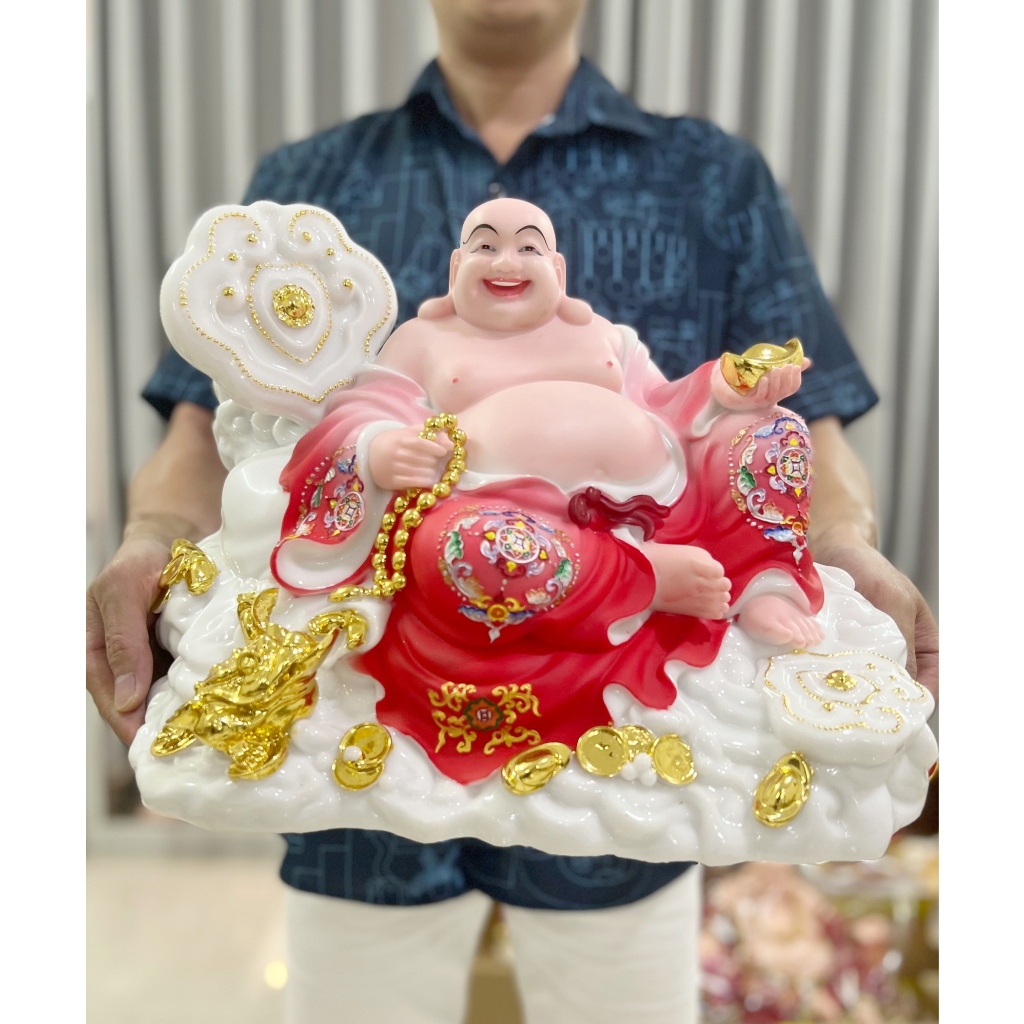 Tượng Phật Di Lặc ngồi gậy như ý 16 inch cao 27cm ngang 37cm sâu 25cm