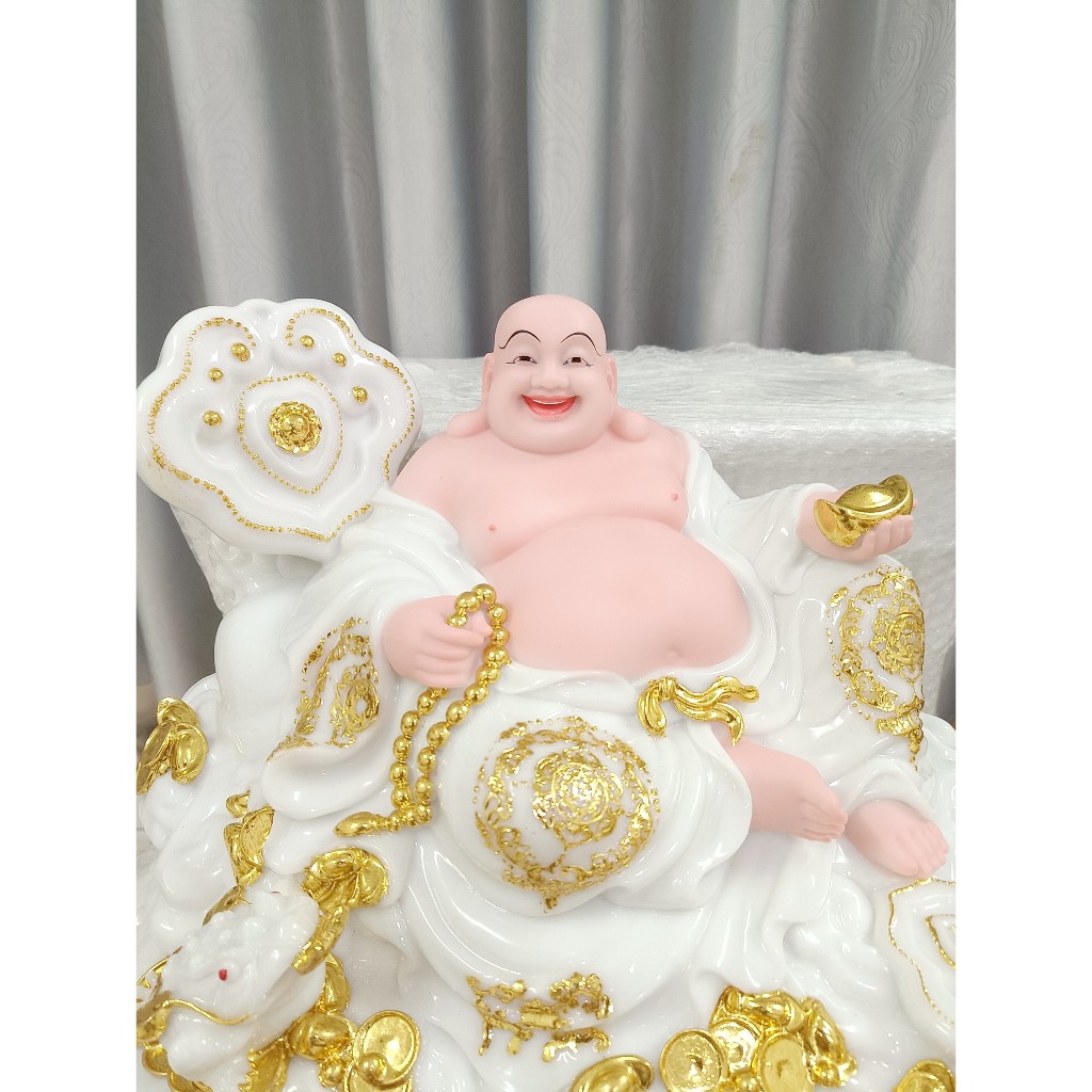 Tượng Phật Di Lặc ngồi gậy như ý 16 inch cao 27cm ngang 37cm sâu 25cm