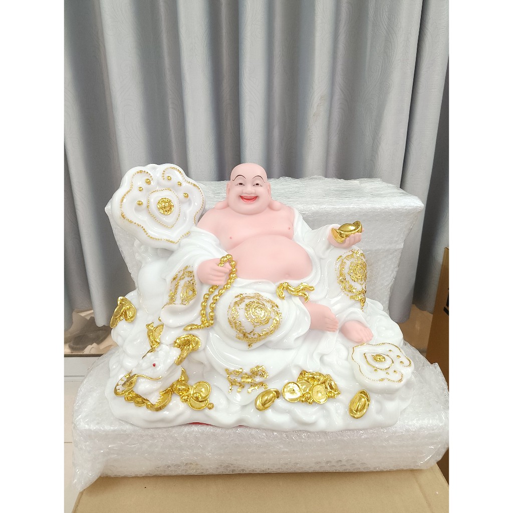 Tượng Phật Di Lặc ngồi gậy như ý 16 inch cao 27cm ngang 37cm sâu 25cm
