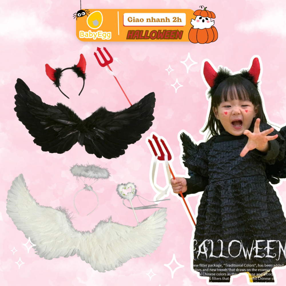 Bộ Cánh Thiên thần Hóa trang nàng tiên kèm Gậy Bờm cho trẻ em, người lớn Cánh lông vũ hóa trang Halloween dịp lễ BabyEgg