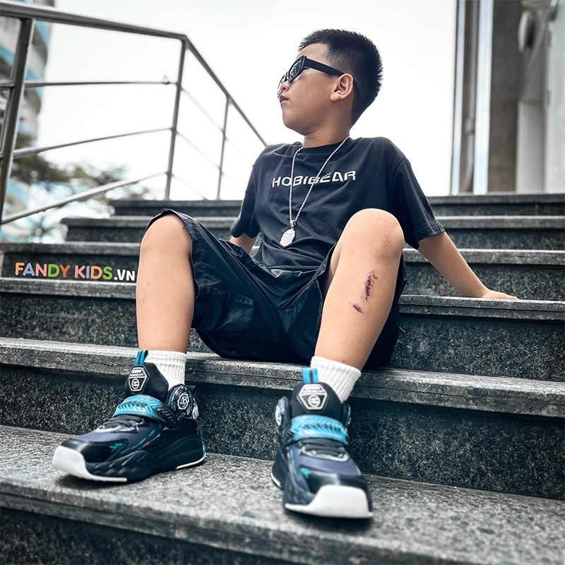 Giày bóng rổ trẻ em Fandy Kids Basketball Eva Air quai dán Đen Xanh GS8065