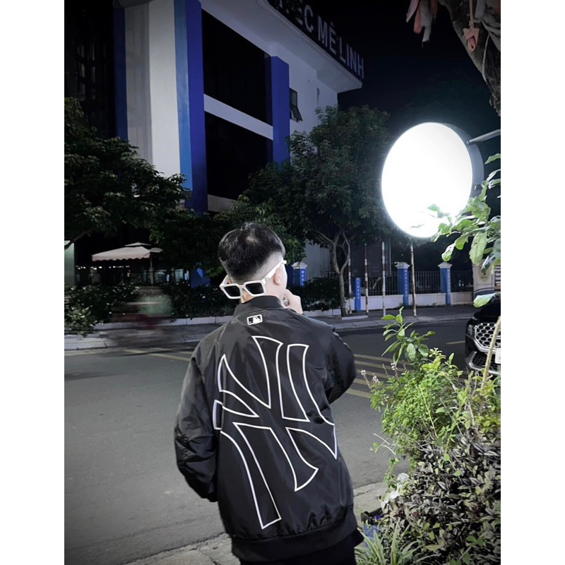 Áo Khoác Bomber Zip Nam Nữ NY Vải Gió Thêu Logo Chữ Ngực Phối In Sau Lưng Dáng Đơn Giản Basic Cho Các Boy Phố Đi Chơi