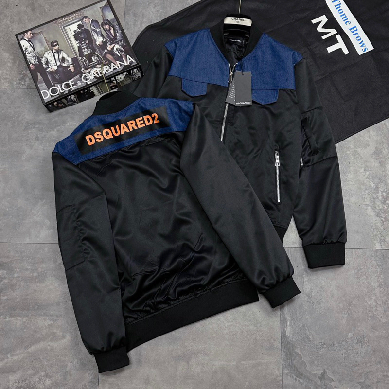 Áo Khoác Bomber Gió Nam Nữ Dsq2 Phối Vải Bò Xanh Thẫm Nắp Túi In Vạch Chữ Cam Sau Lưng Cho Các Boy Phố Đi Chơi Đi Học