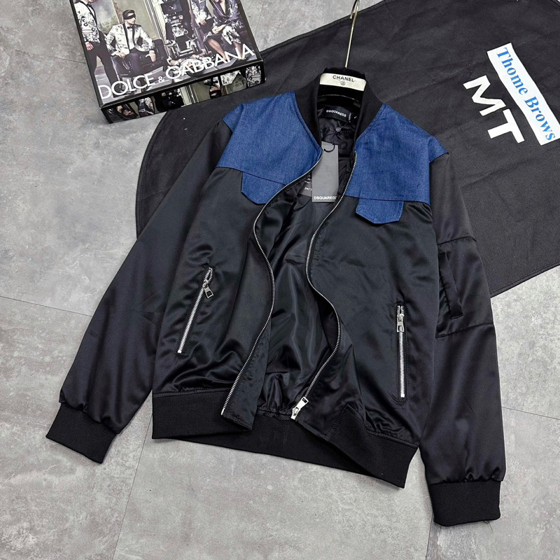 Áo Khoác Bomber Gió Nam Nữ Dsq2 Phối Vải Bò Xanh Thẫm Nắp Túi In Vạch Chữ Cam Sau Lưng Cho Các Boy Phố Đi Chơi Đi Học