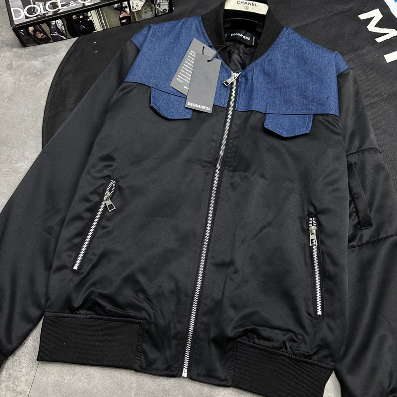 Áo Khoác Bomber Gió Nam Nữ Dsq2 Phối Vải Bò Xanh Thẫm Nắp Túi In Vạch Chữ Cam Sau Lưng Cho Các Boy Phố Đi Chơi Đi Học