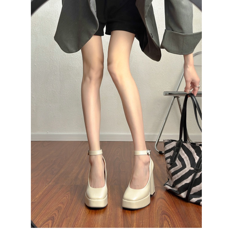 Giày cao gót trụ nữ cao 12cm chất da lì mũi vuông phong cách cá tính sang chảnh