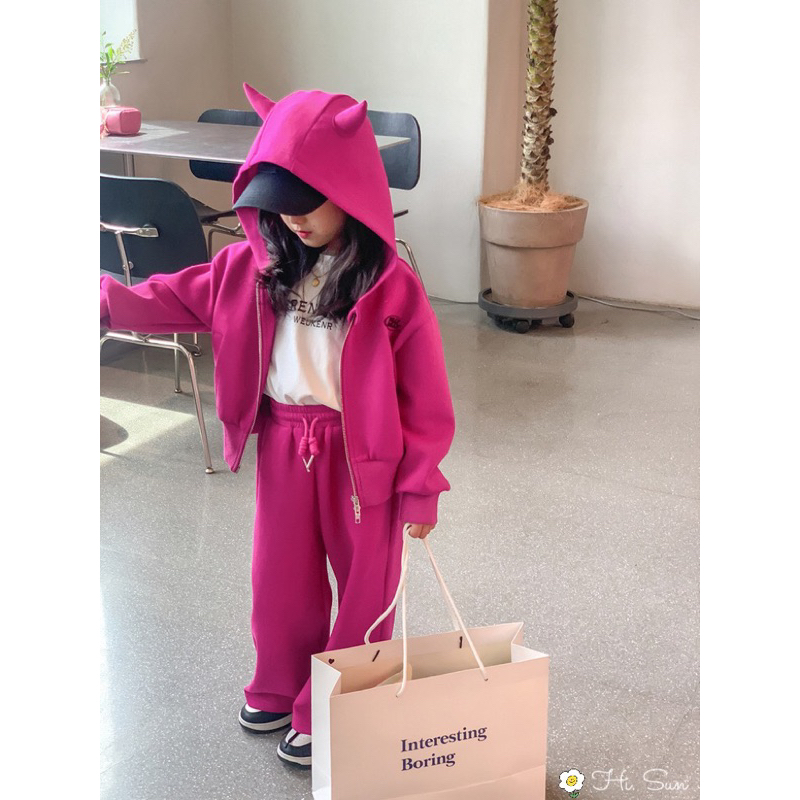 Set bộ nỉ kéo khoá có mũ sừng cho bé gái siêu xinh có 2 màu size từ 14-48 cân