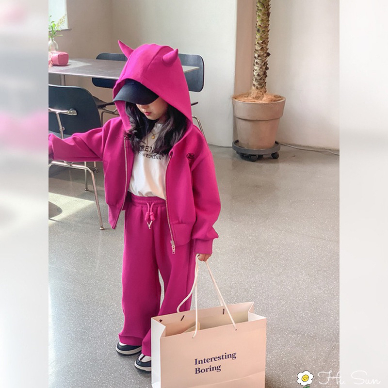 Set bộ nỉ kéo khoá có mũ sừng cho bé gái siêu xinh có 2 màu size từ 14-48 cân