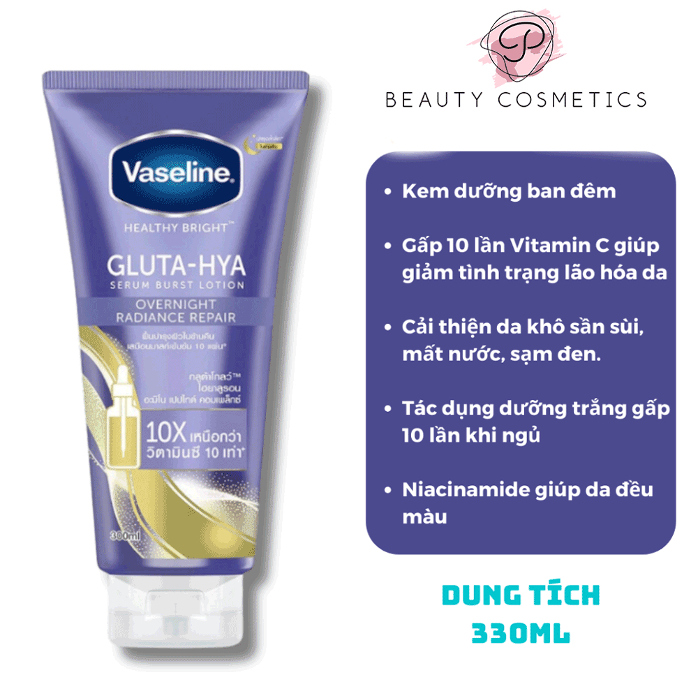 Kem Dưỡng Thể Vaseline Gluta-Hya Ngày Đêm Dưỡng Da Trắng Sáng Mịn - 300/330ml