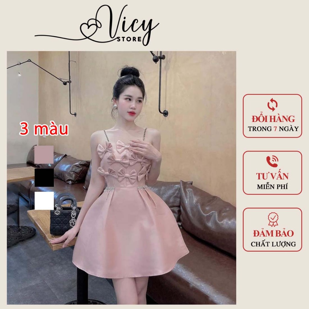 Đầm dự tiệc 2 dây đính nơ hoa có mút ngực, váy tafta nữ dáng ngắn đi tiệc đi chơi Vicy 2S6HO01