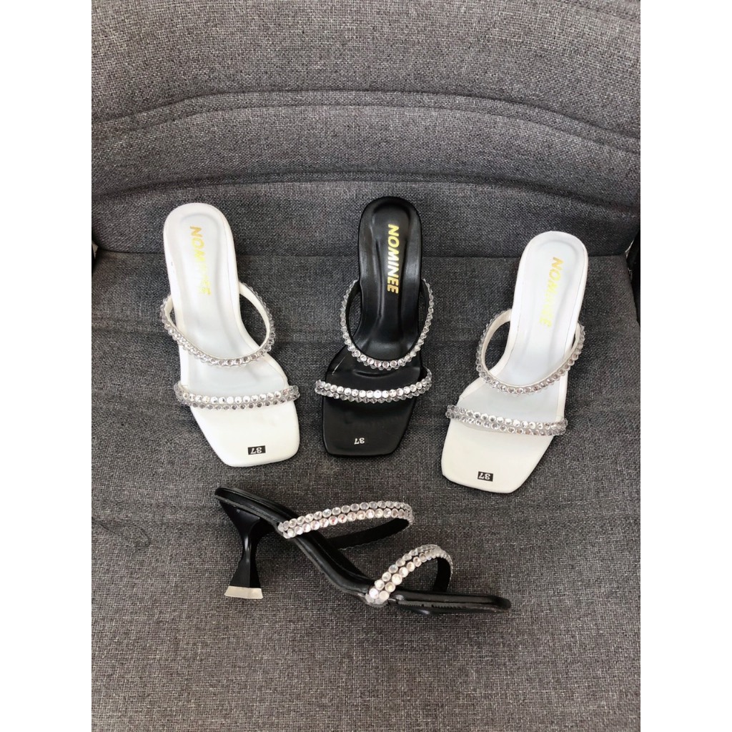 Giày sandal cao gót nữ quai ngang đính đá gót nhọn cao 5p, giày cao gót nữ gót nhọn thời trang