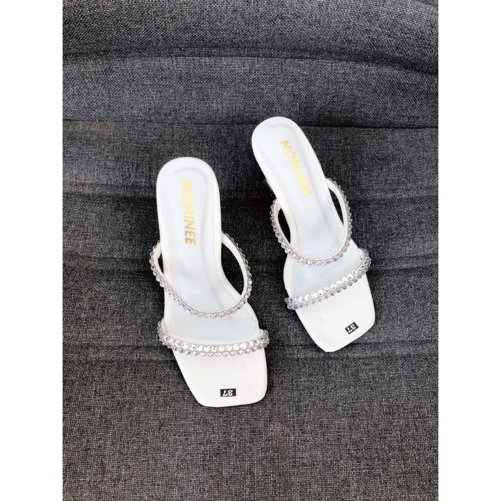 Giày sandal cao gót nữ quai ngang đính đá gót nhọn cao 5p, giày cao gót nữ gót nhọn thời trang