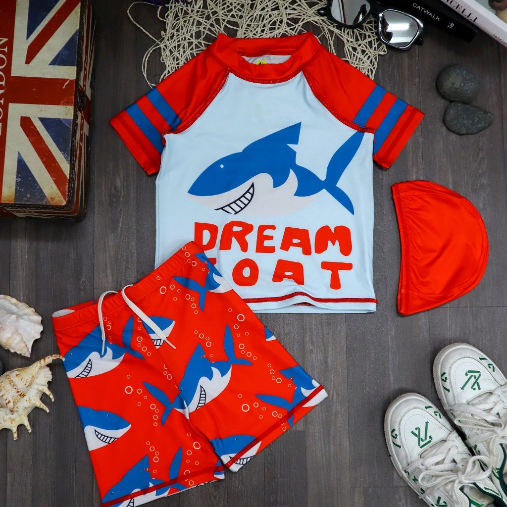 Bộ bơi kèm mũ cho bé hãng RICHKIDS hoạ tiết cá mập