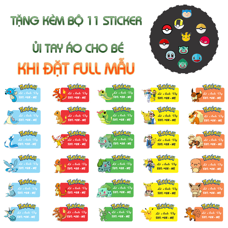 Sticker ủi nhiệt áo Pokemon in tên cho bé theo yêu cầu - PK1