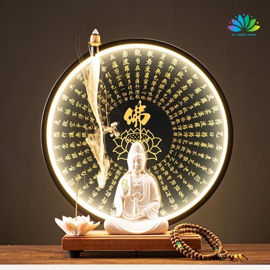 Tượng Quan Thế Âm Bồ Tát Chất Liệu Gốm Tử Sa Cao Cấp Kèm Kệ Led Tròn Trang Trí Phong Thuỷ An Nhiên Mang Lại Tài Lộc