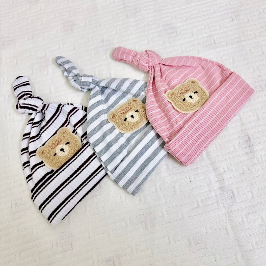 Mũ sơ sinh mẫu củ tỏi cotton đính Gấu phối kẻ dễ thương phong cách Hàn Quốc, nón cho bé sơ sinh co giãn