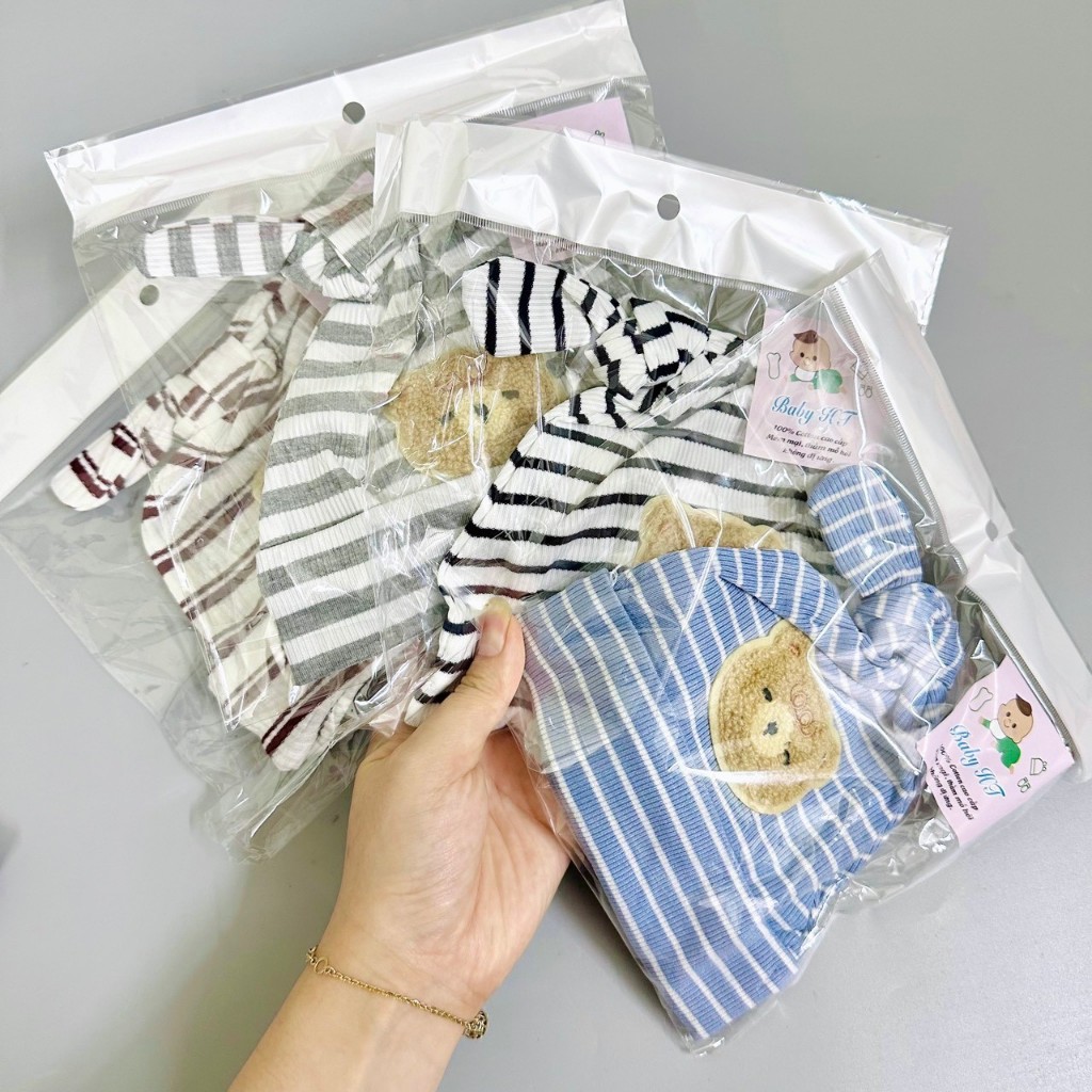 Mũ sơ sinh mẫu củ tỏi cotton đính Gấu phối kẻ dễ thương phong cách Hàn Quốc, nón cho bé sơ sinh co giãn
