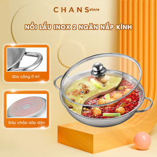 Nồi lẩu inox 2 ngăn hotpot, nồi lẩu vung kính 2 ngăn làm nóng nhanh, dùng dược cho bếp từ
